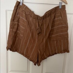 High-Waist Brown Striped Drawstring Linen-Blend Shorts